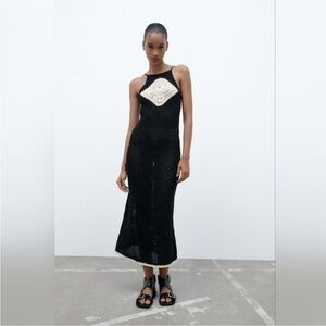 NWT ZARA Crochet Knit Tank Midi Dress Black White Blogger Favorite Small